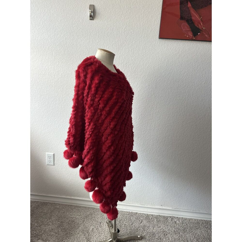 Red Knitted Rabbit Fur Poncho - Picture 2 of 4